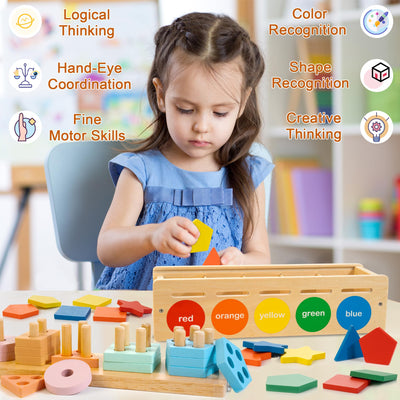 Matching wooden toys for preschoolers, shape and color sorting box, wooden stacking toys including geometric blocks and math counters