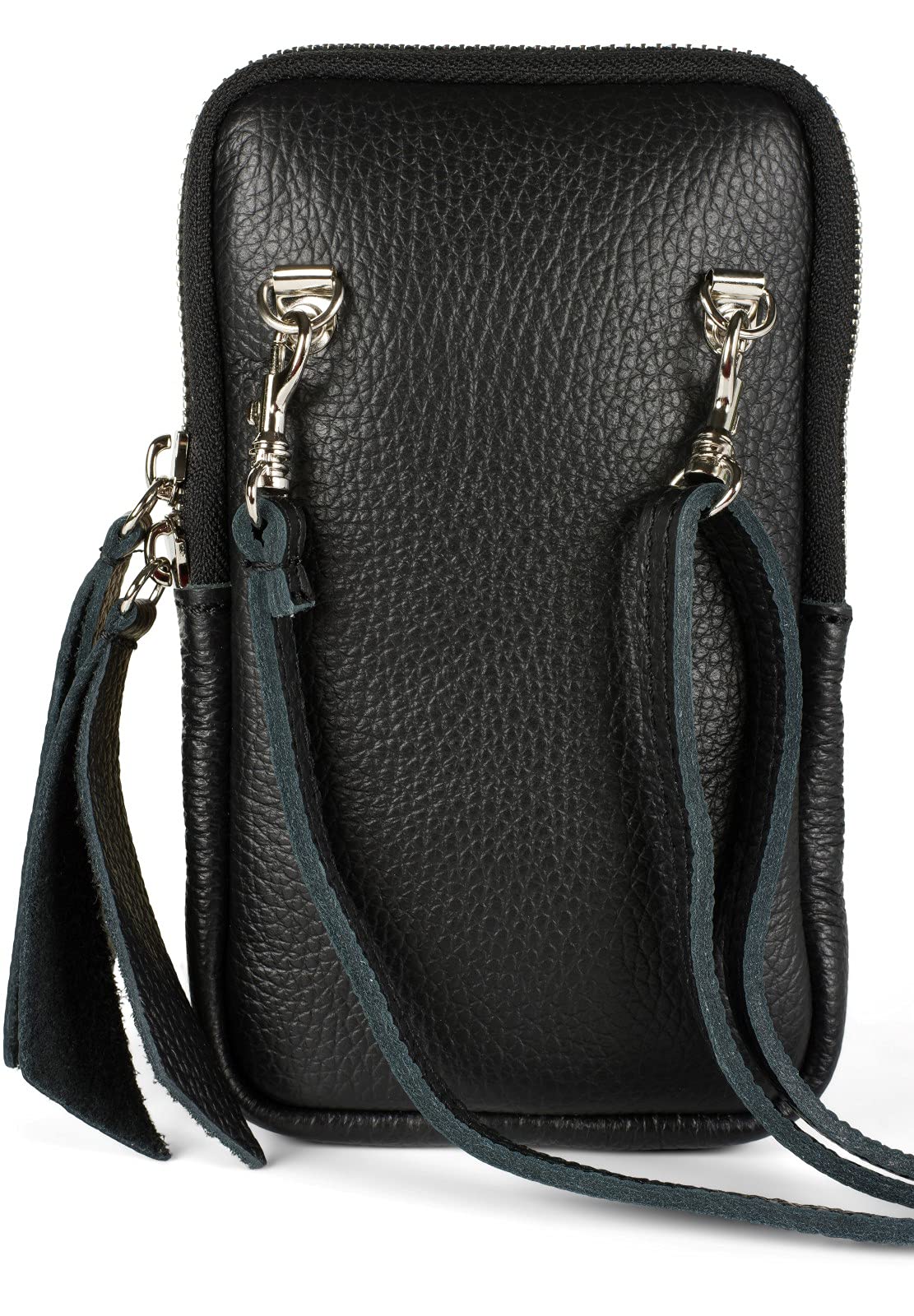 Leather cell phone shoulder bag with grained surface, zipper, genuine leather mini bag