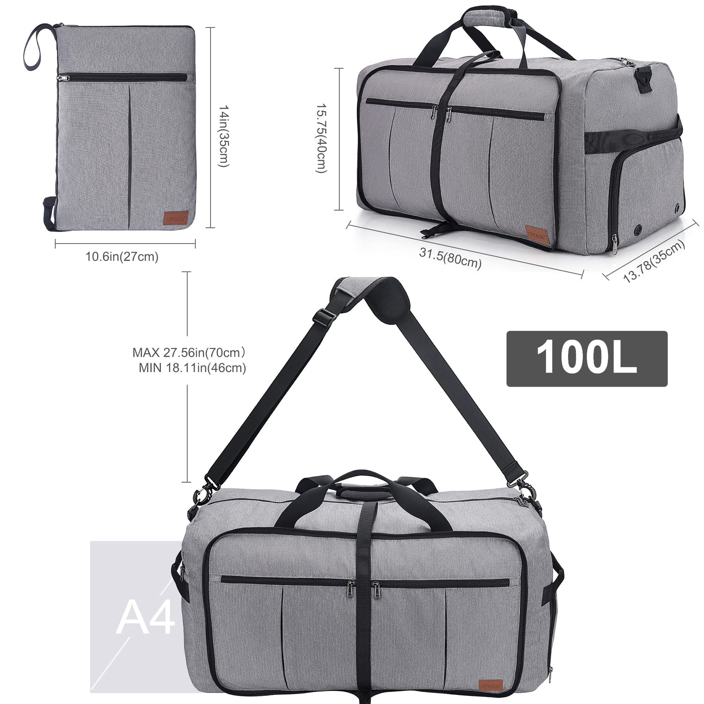 Foldable travel bag large weekender overnight bag with shoe compartment, waterproof/sports bag