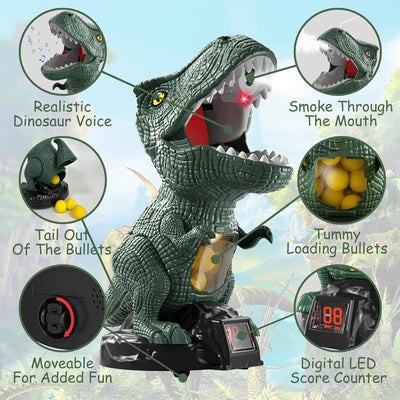 Dinosaur Shooting Toy with 2 Air Shooting Guns, Movable Shooting Toy Guns Target with 72 Foam Balls with Spray Function, LED Counter, Sound