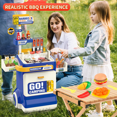 Children's BBQ Grill Toy, Kitchen Toy Set, Realistic Smoke BBQ Grill Play Set with Toy Kitchen Accessories, Cutting Toy, Sound Effects