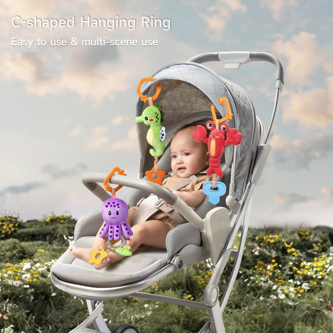 Baby Hanging Stroller Car Seat Toy,Soft Marine Animal Plush Toddler Rattles with Wind Chimes