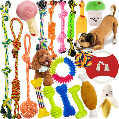 19 pièces Jouets de corde pour chien - Éviter l'ennui et l'anxiété pour les chiots Jeu de dentition pour les petits, moyens et grands chiens Jouets de corde en coton Jouet à mâcher interactif