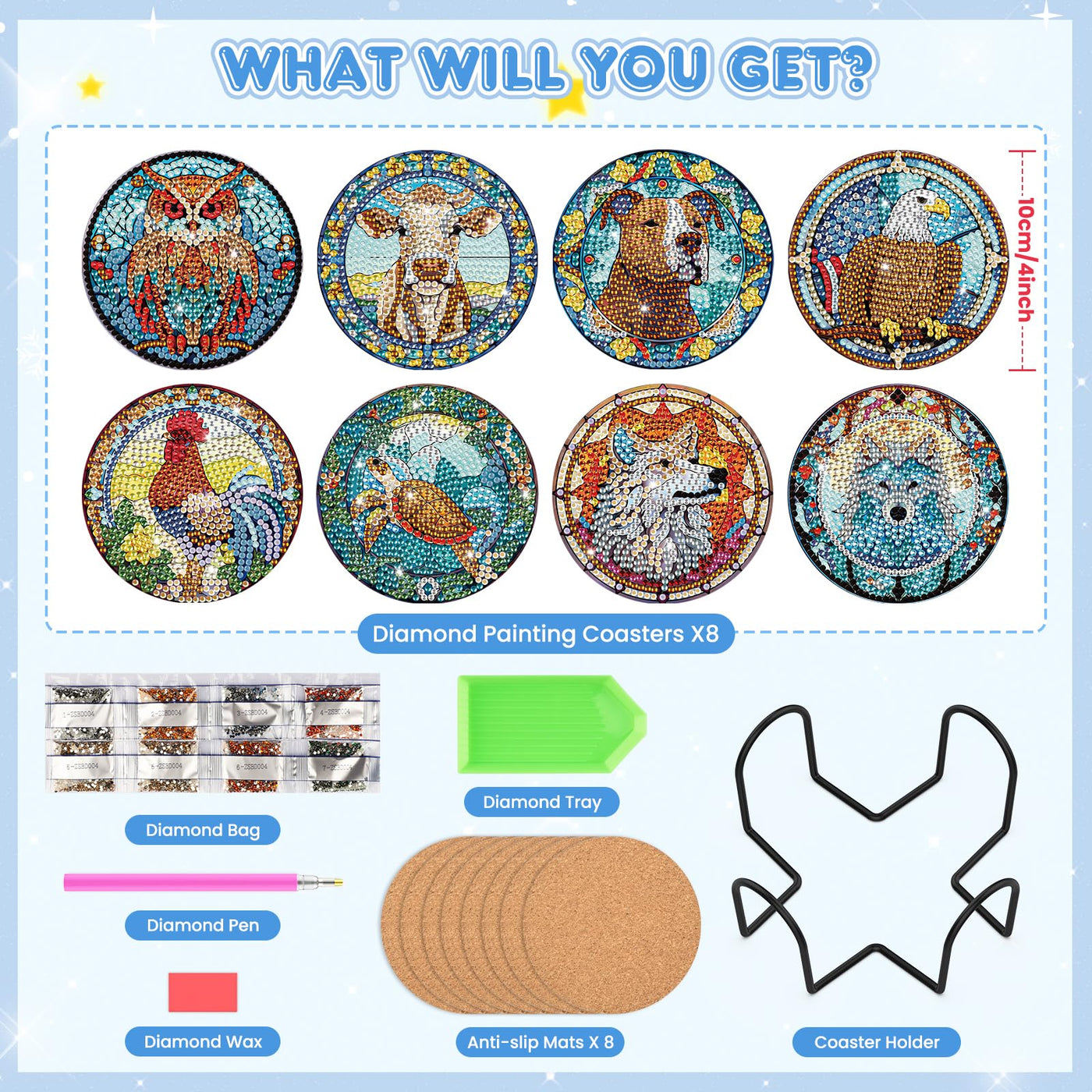 8 PCS Diamond Painting Coasters with Holder