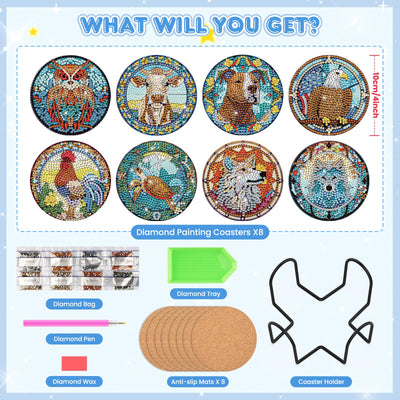 8 PCS Diamond Painting Coasters with Holder