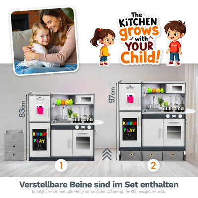 Grande Cuisine Ludique en Bois – Cuisine Grise pour enfants avec Son et Lumière, Cuisine Ludique de 83 à 97 cm de hauteur jusqu'au plan de travail de 46 à 60 cm