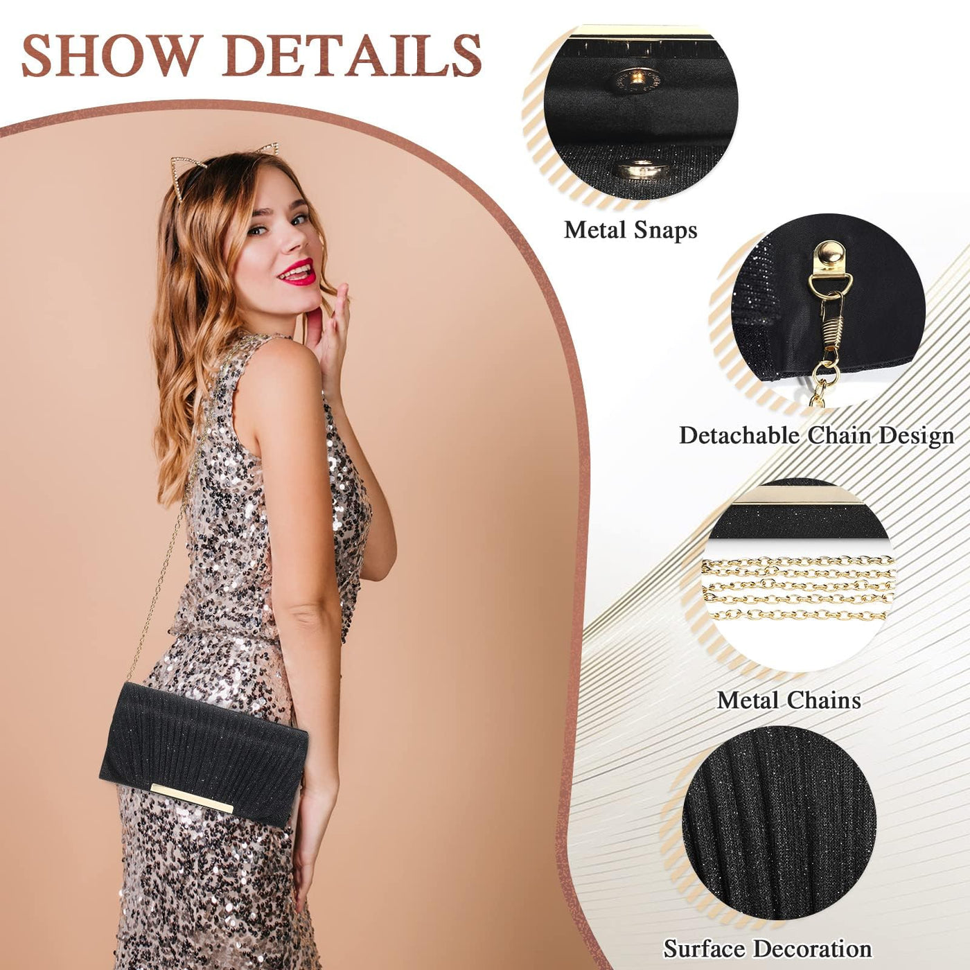 Sac de soirée, sac à main à la mode, pochette de mariage élégante, sac à chaîne enveloppe