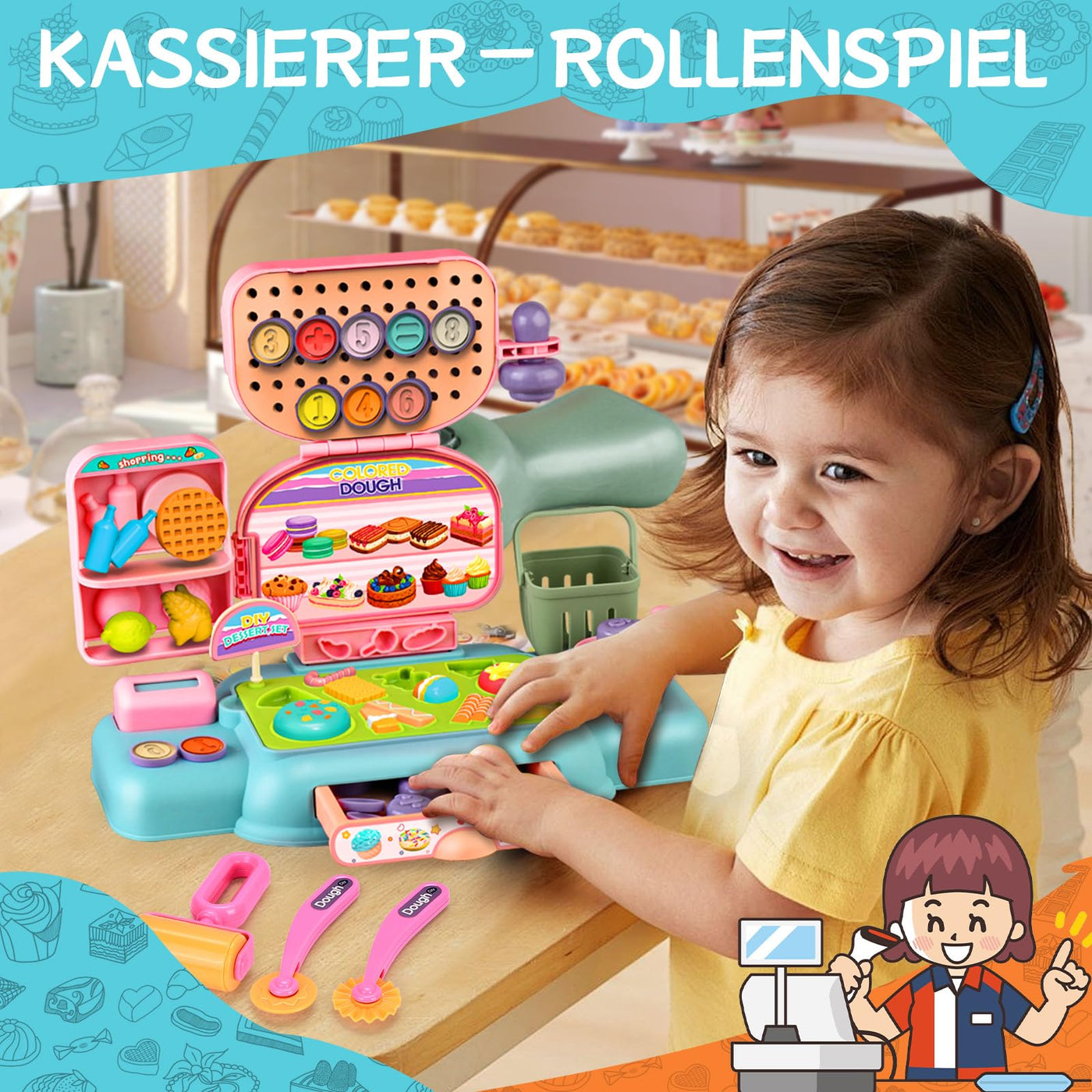 Ensemble de Pâte à Modeler pour enfants, Caisse Enregistreuse avec 12 Pâte à Modeler, Outil de Pétrissage, Scanner, Caddie, Argent Fictif, Cadeau pour Jeu de rôle