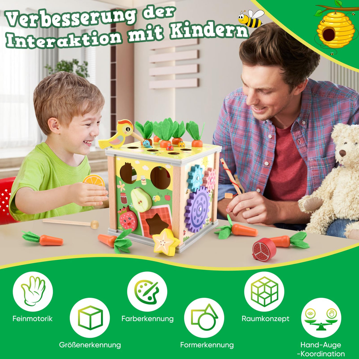 6 in 1 wooden activity cube, activity center baby, activity toy wooden motor skills toy