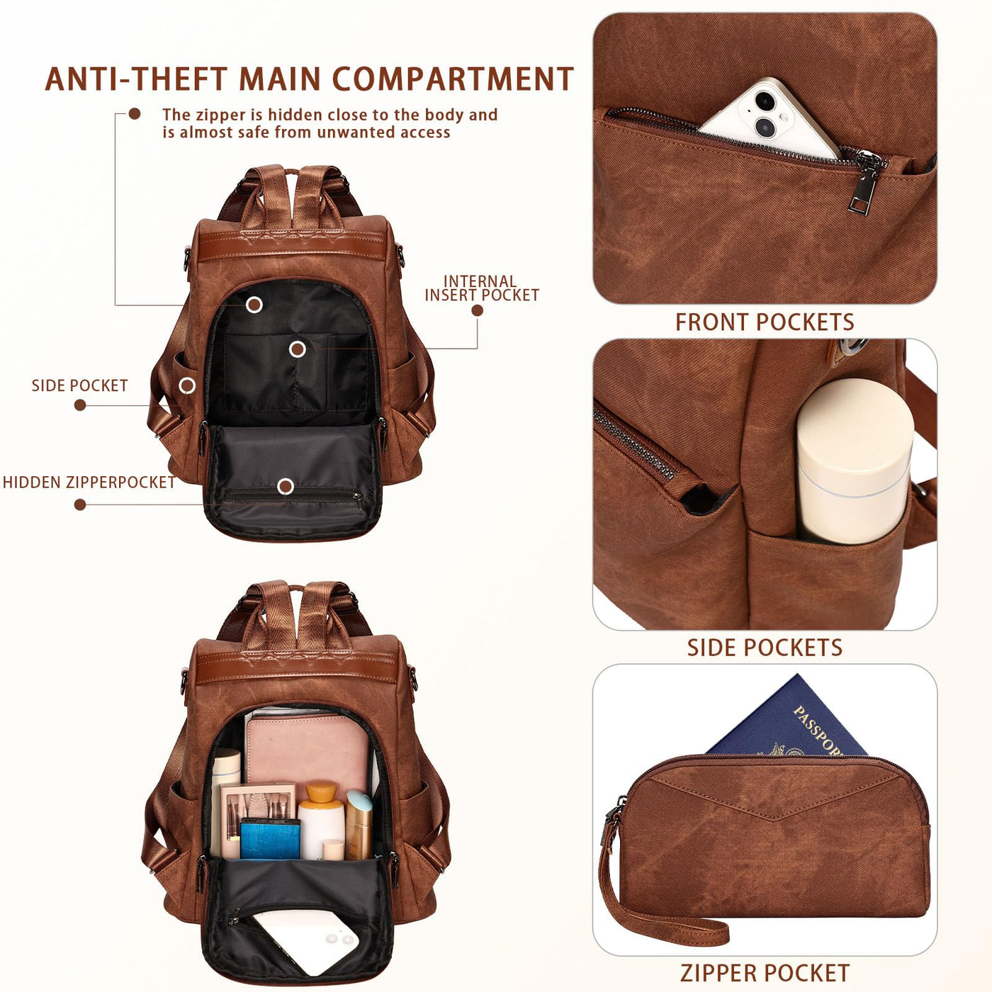 Backpack small,vegan leather city backpack,backpack handbag anti-theft,elegant daypack for office,commuting,work