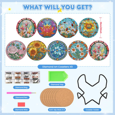 9 PCS Diamond Painting Coasters with Holder
