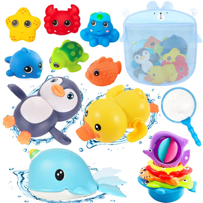 Baby bath toys water toys, 16Pcs kids bath toys with fishing net, bath toys baby kids toys baby bath penguin, swan, duck, whale