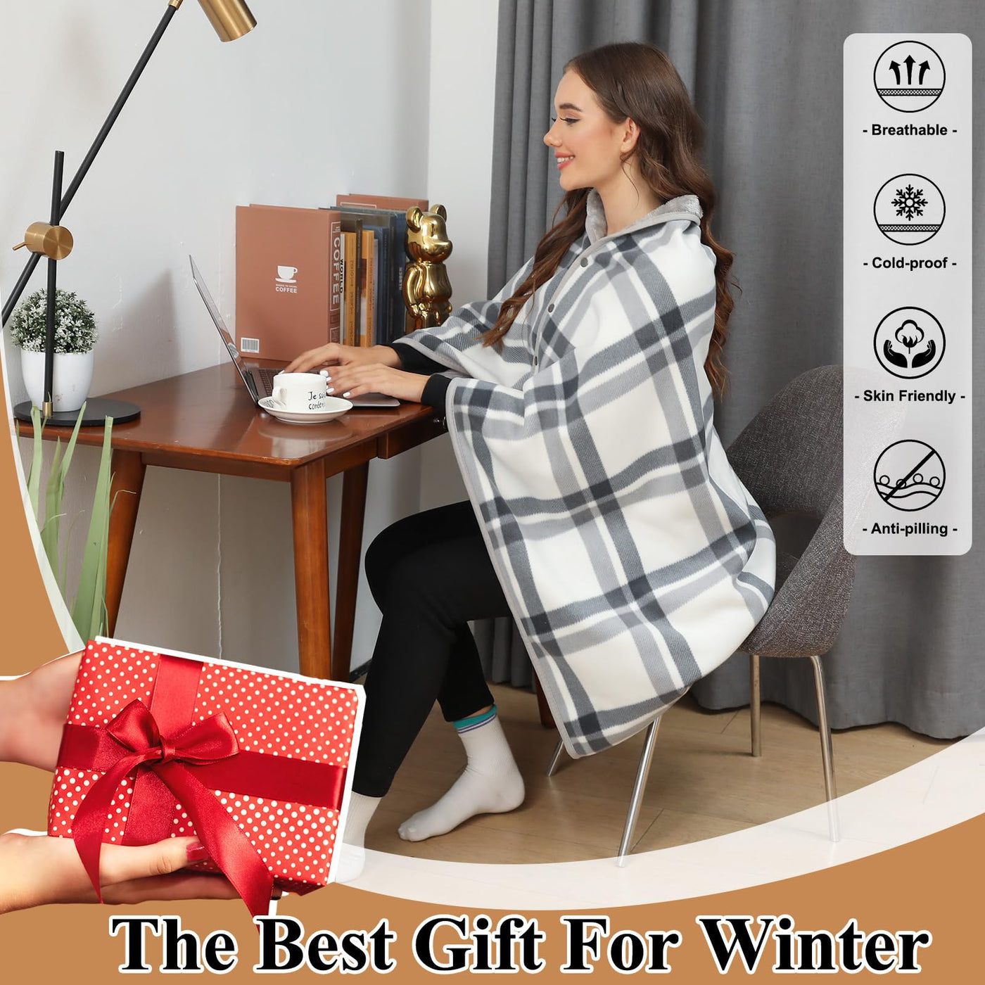 Echarpe d'hiver avec bouton Echarpe couverture douce Poncho polaire surdimensionné Cape Pullover