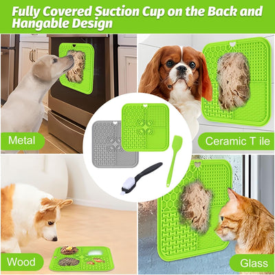 Tapis de léchage pour chiens avec ventouses, vert et gris, mangeoire lente en silicone pour soulager l'anxiété des chiens, jouet alimentaire pour chiens, durable et antidérapant, idéal pour les chiots et les animaux de compagnie.