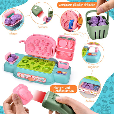 Ensemble de Pâte à Modeler pour enfants, Caisse Enregistreuse avec 12 Pâte à Modeler, Outil de Pétrissage, Scanner, Caddie, Argent Fictif, Cadeau pour Jeu de rôle