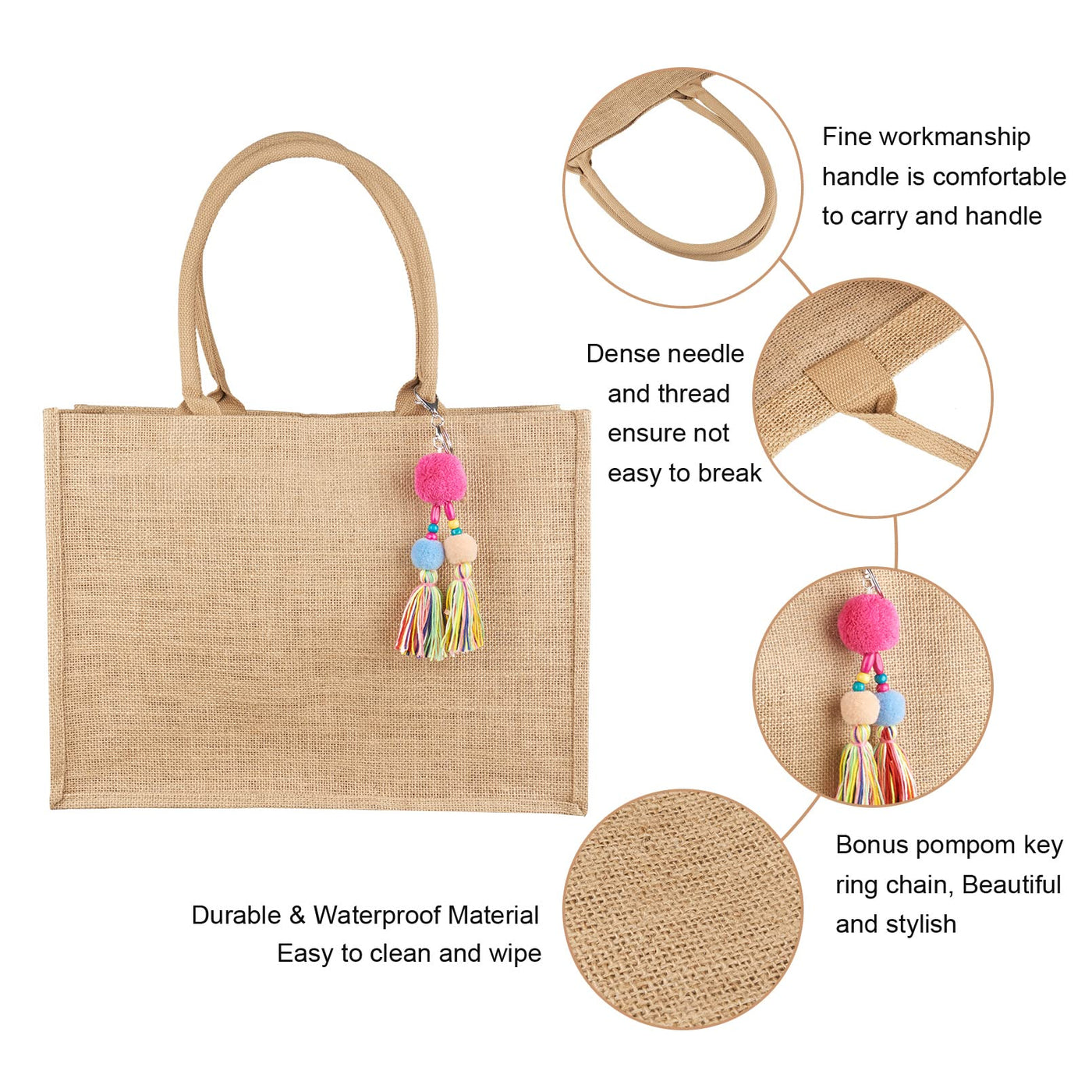 Jute Bag Shopper, Large Jute Bag Beach Bag Foldable Waterproof Shopping Bags Handbag for Picnic Travel Shopping Beach and Everyday Life