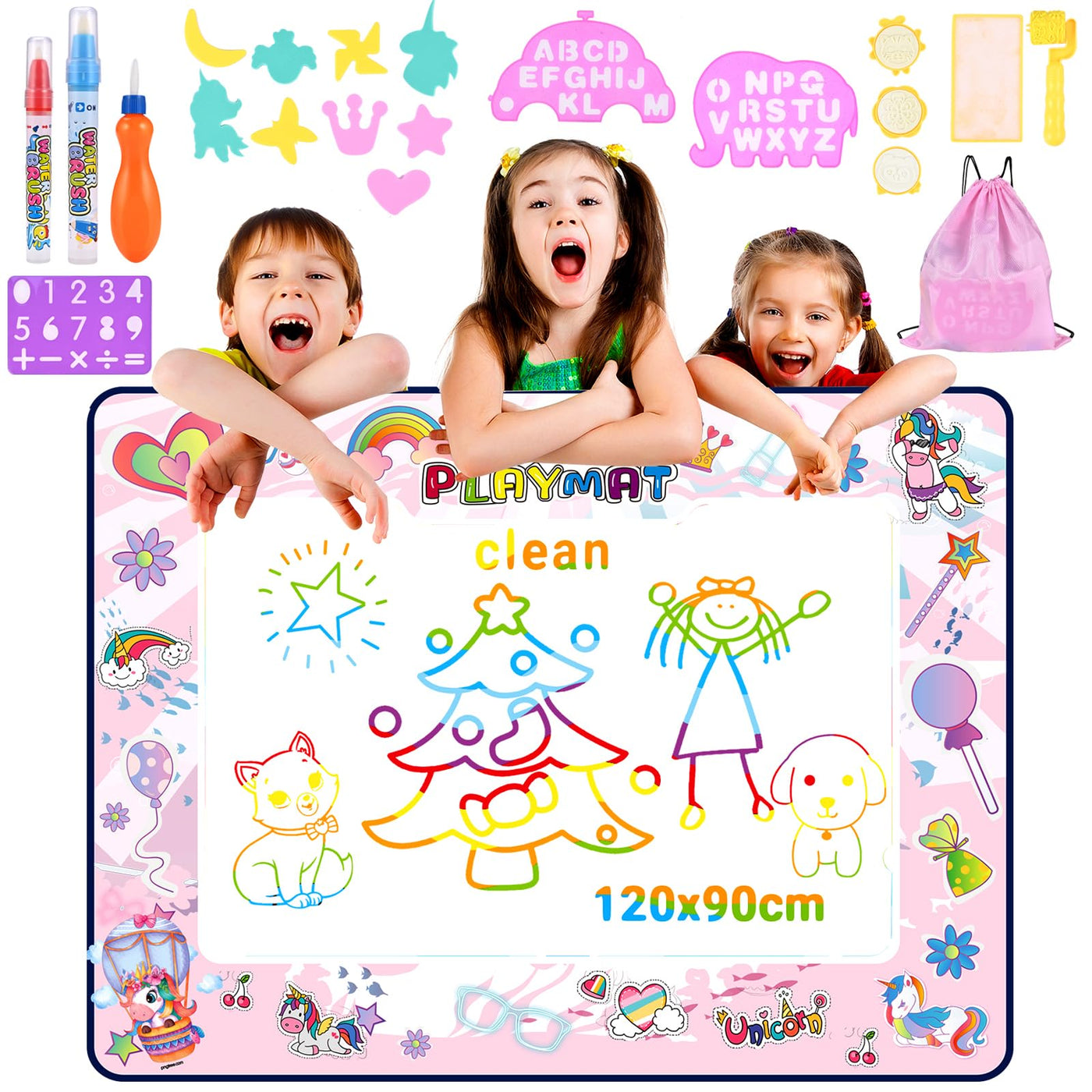 Coloring mat with water pen Water Mat DoodleWater coloring mat Super Drawing Mat with 3 water pen 9 stamp set Storage bag