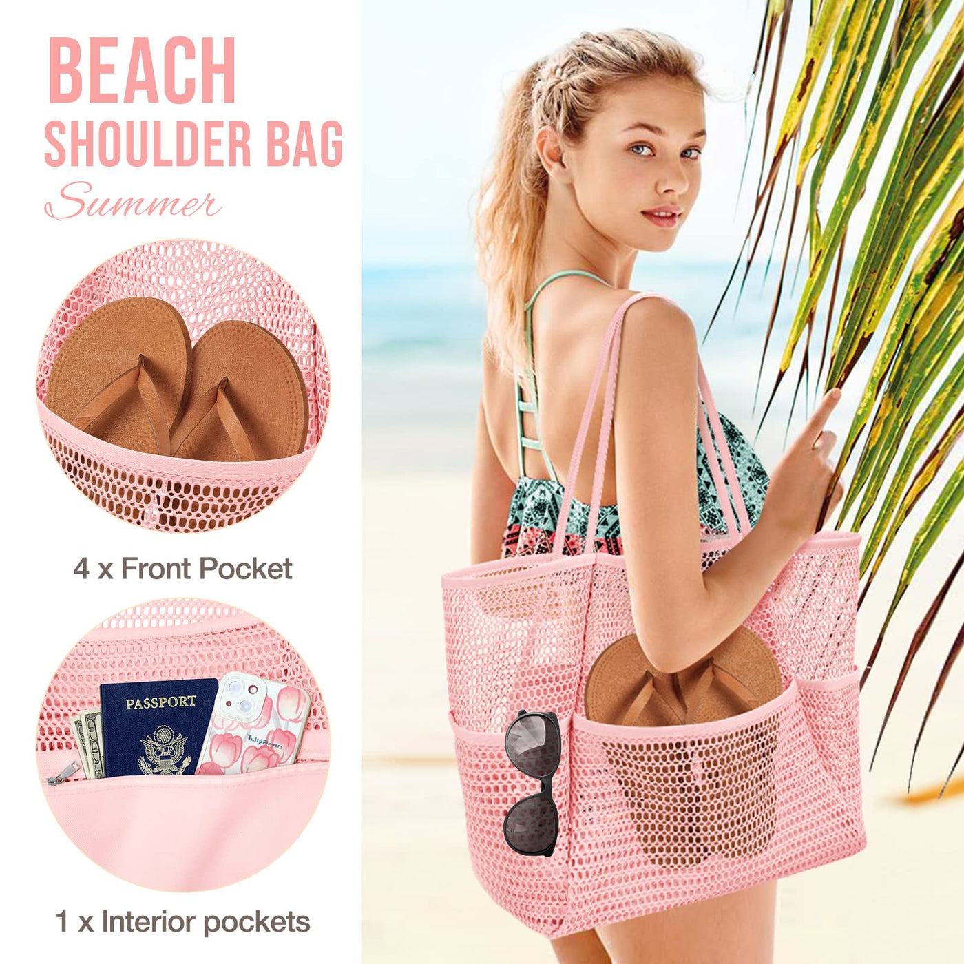 Sac de plage en maille, grand, pliable, sac de natation en maille avec poches, étanche au sable, étanche à l'eau