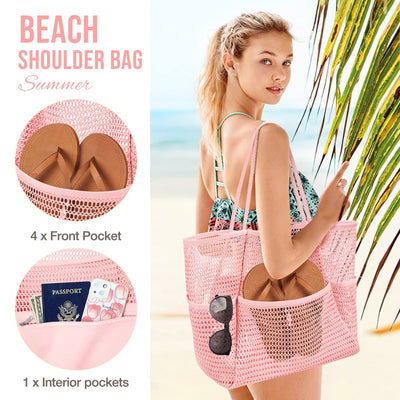 Sac de plage en maille, grand, pliable, sac de natation en maille avec poches, étanche au sable, étanche à l'eau