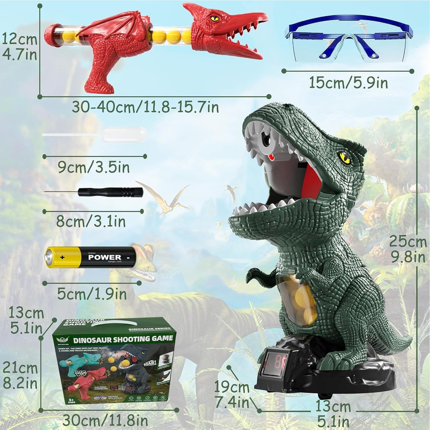 Dinosaur Shooting Toy with 2 Air Shooting Guns, Movable Shooting Toy Guns Target with 72 Foam Balls with Spray Function, LED Counter, Sound