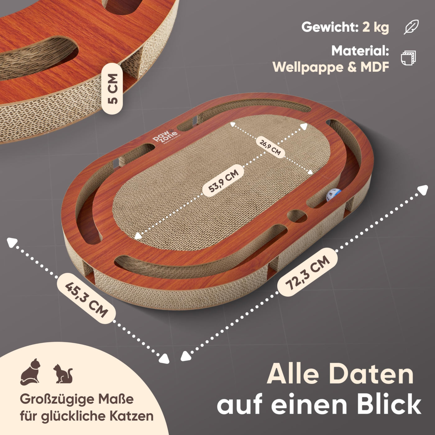 Planche à gratter - Peut être utilisée des Deux Côtés + Carton Interchangeable - Comprend un jouet pour Chat-Carton à gratter XXL de Haute Qualité en MDF Robuste-Tapis à gratter