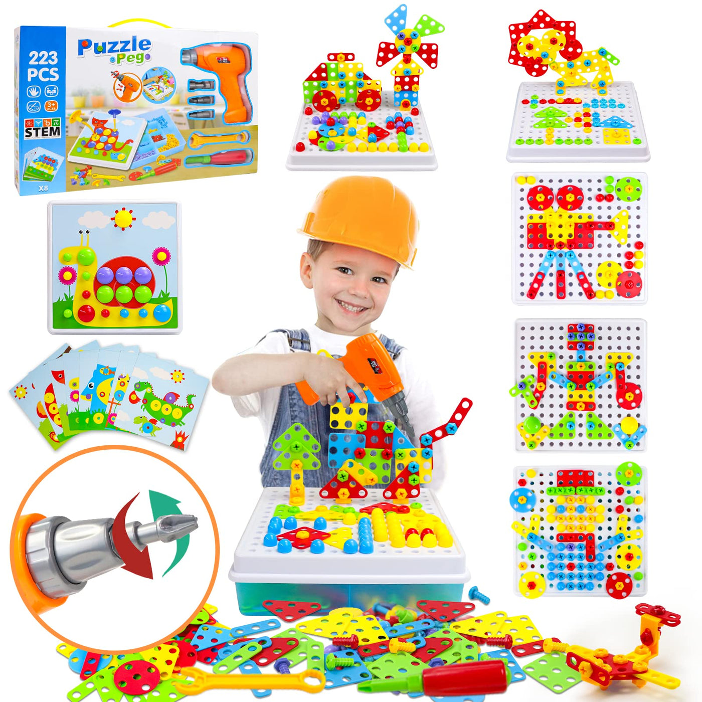 Pegging game toy with drill Educational creative toy 3D puzzle mosaic toolbox