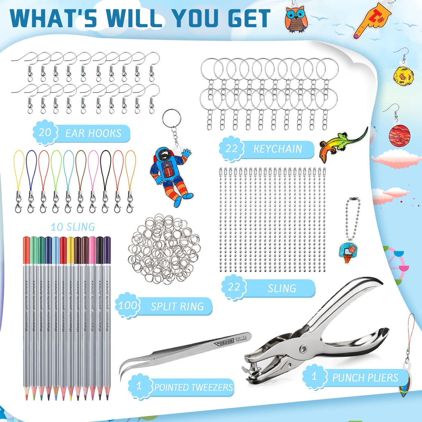 Shrink wrap set for handicrafts, including A5 shrink paper, key ring, pencils, hole punch, tweezers for DIY