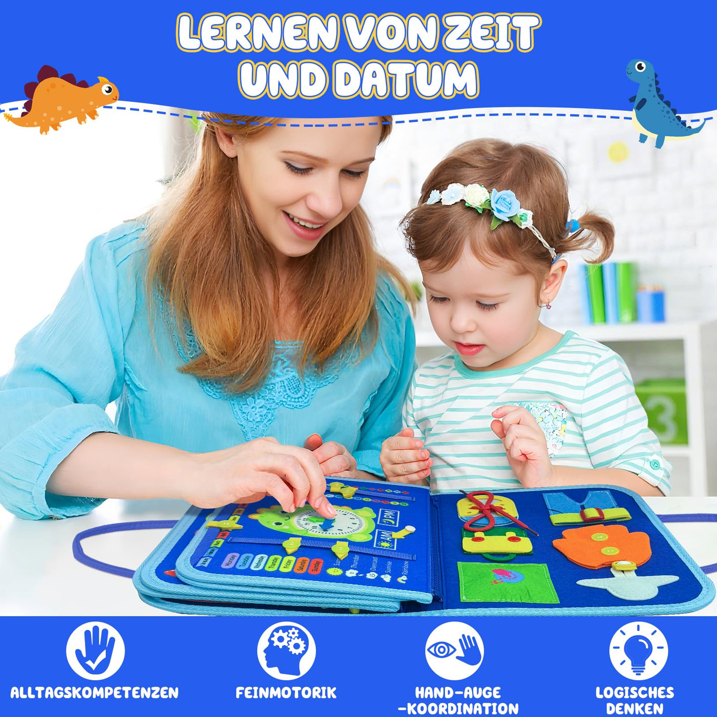 Beschäftigtes Brettmotorspielzeug aus Filz mit Buchstaben, Zahlen, Farben, Formen & Uhr