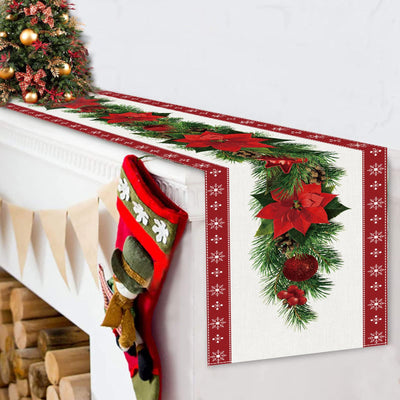 Christmas Table Runner Linen with Flowers Christmas Tree Bells Print, Long Rectangular Christmas Tablecloth for Christmas Dinner Table Decoration