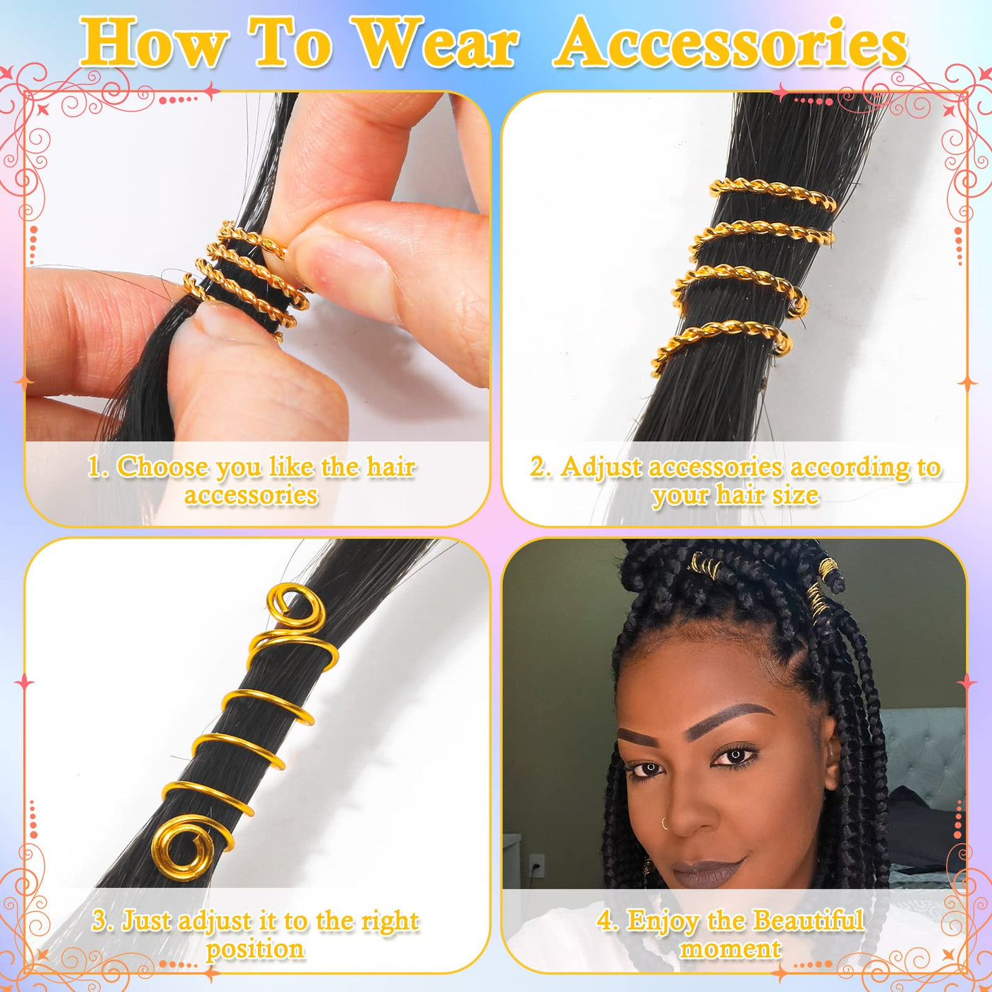 220 Pièces Accessoires pour Cheveux en Or pour Tresses, Bijoux Loc pour Cheveux Dreadlock Breloques pour Cheveux pour Femmes, Tresses en Métal Doré, Bagues, Pinces de Manchette pour Accessoires Dreadlock, Tresses pour Cheveux
