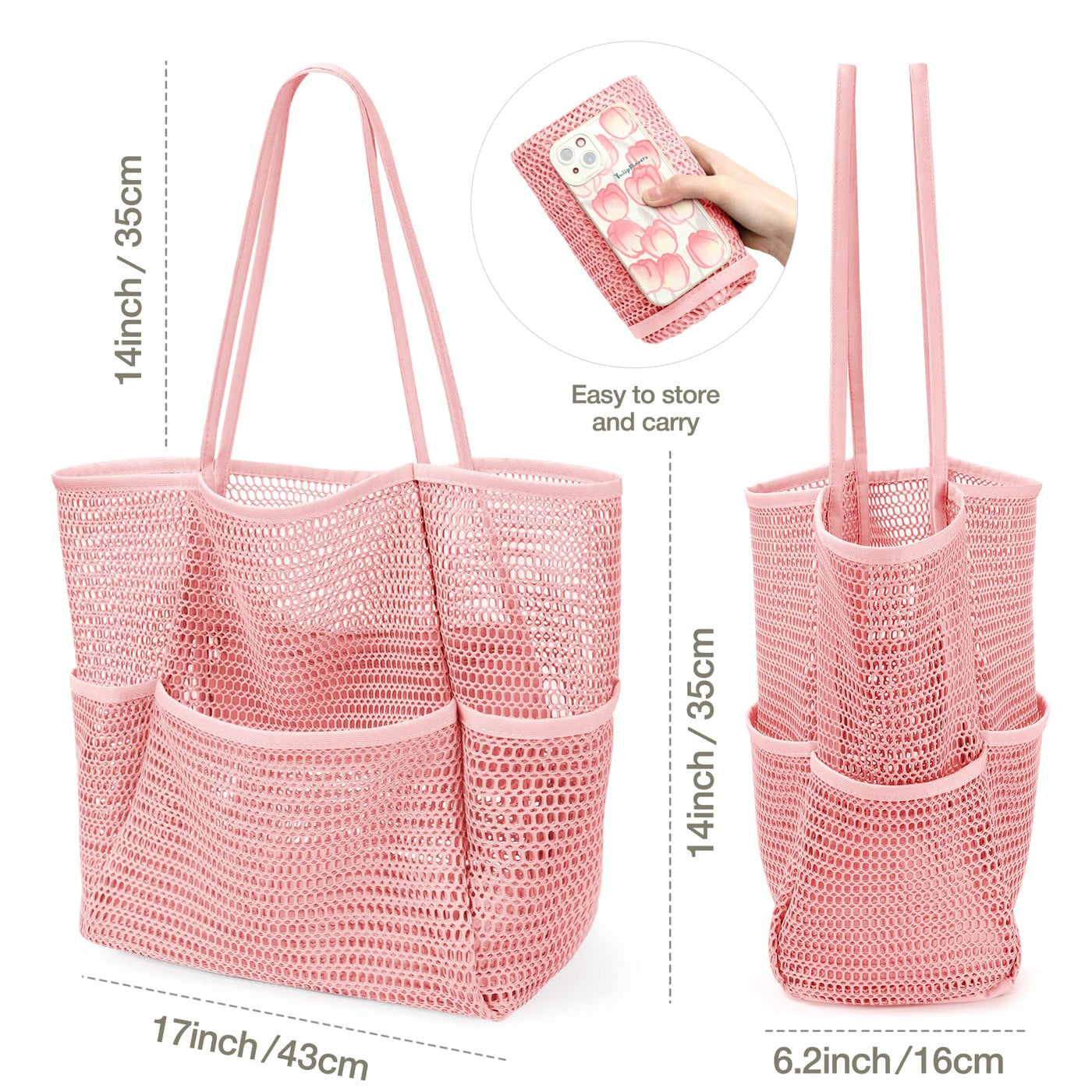 Sac de plage en maille, grand, pliable, sac de natation en maille avec poches, étanche au sable, étanche à l'eau