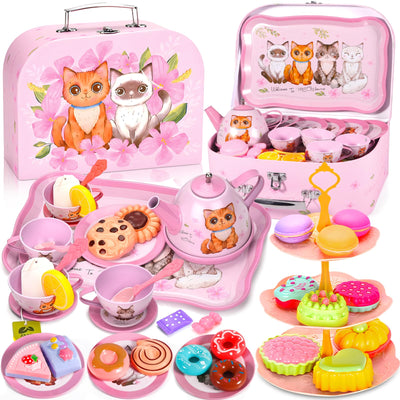 50-piece tea set children, tea set children with kitten suitcase, tea party role play toy for small tea set with dessert