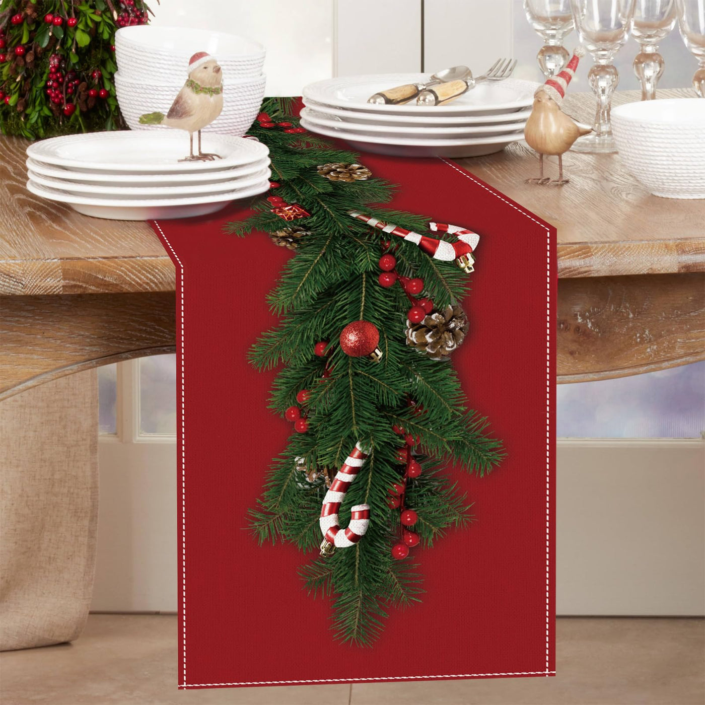 Christmas Table Runner Linen Christmas Tree Bells Print, Long Rectangular Christmas Tablecloth for Christmas Dinner Table Decoration