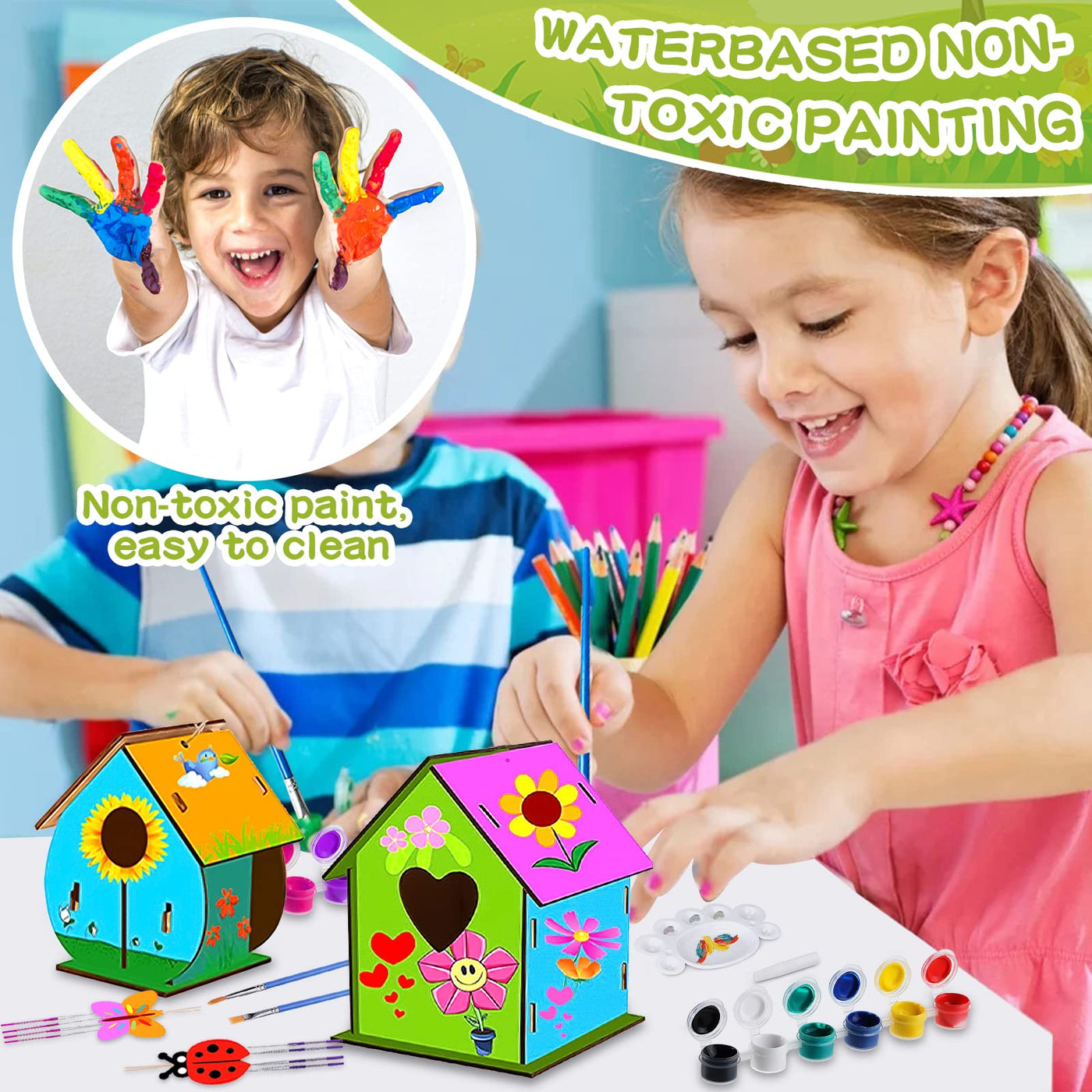 3 pieces DIY wooden birdhouse kit for children,DIY birdhouse kit for children,with pigment,Small handmade wooden birdhouse