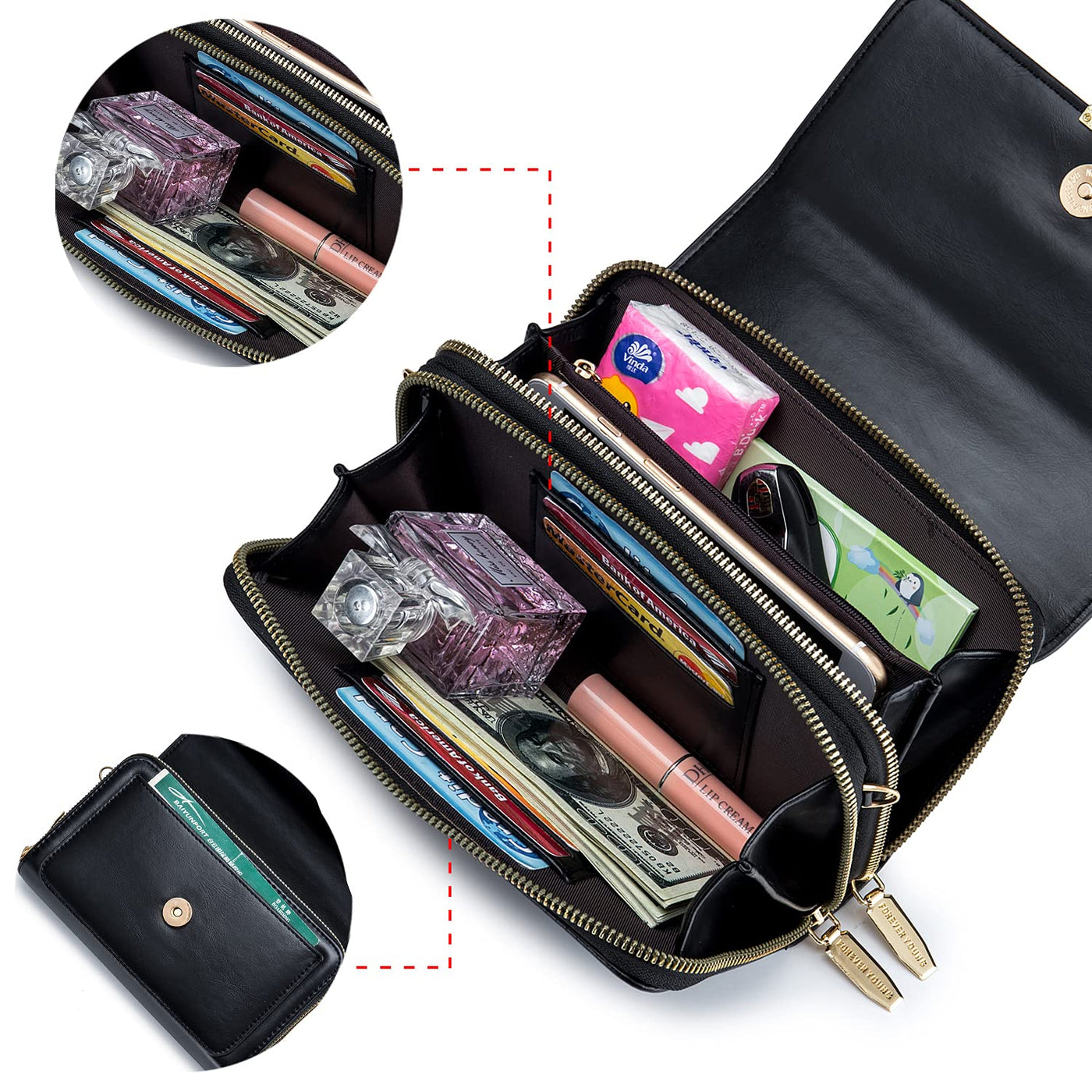 Sac à bandoulière en cuir PU Porte passeport Téléphone avec fente pour carte de crédit Bandoulière réglable et détachable