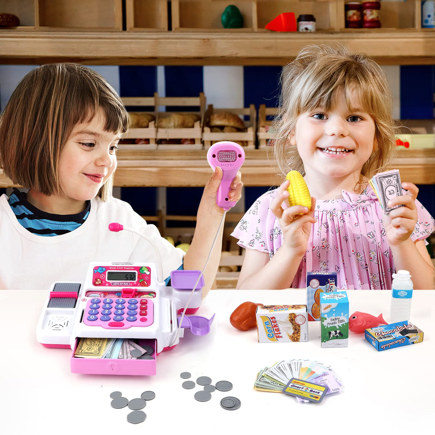 Supermarket store with cash register, scanner, dummy credit card, toy groceries and shopping basket