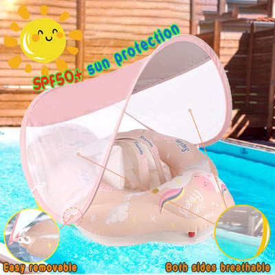 Baby floating ring with removable sun canopy, baby buoyancy aid with floating seat, inflatable swim trainer with anti-tip float