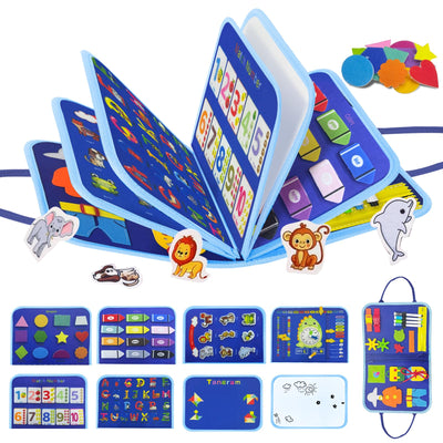 Beschäftigtes Brettmotorspielzeug aus Filz mit Buchstaben, Zahlen, Farben, Formen & Uhr