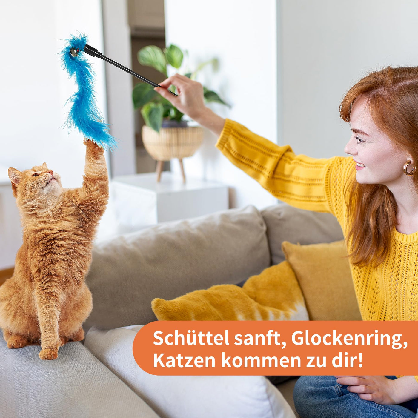 Jouet en Plumes, 16 Pièces, Jouet pour Chat avec 2 Tiges de Chat Interactives Rétractables et 14 Pièces de Remplacement de Plumes,Insectes, Poissons avec Cloches, Jouet pour Chat à Plumes avec Sac de Rangement