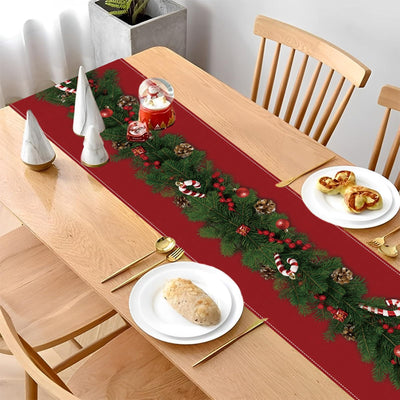 Christmas Table Runner Linen with Flowers Christmas Tree Bells Print, Long Rectangular Christmas Tablecloth for Christmas Dinner Table Decoration