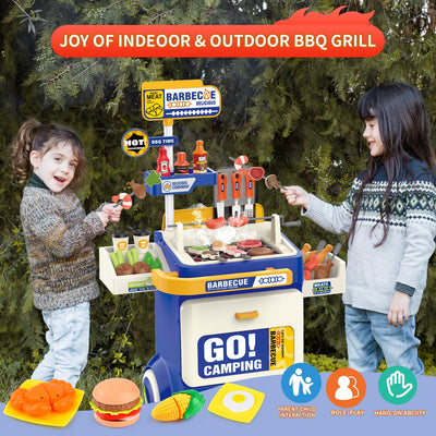 Children's BBQ Grill Toy, Kitchen Toy Set, Realistic Smoke BBQ Grill Play Set with Toy Kitchen Accessories, Cutting Toy, Sound Effects