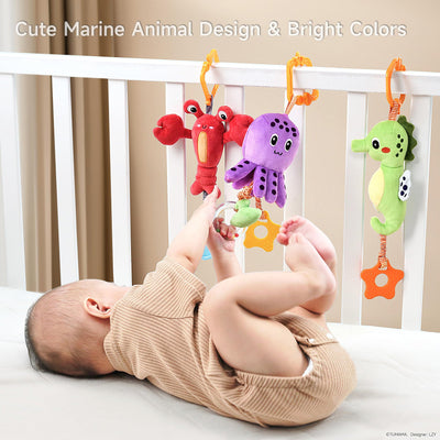 Baby Hanging Stroller Car Seat Toy,Soft Marine Animal Plush Toddler Rattles with Wind Chimes