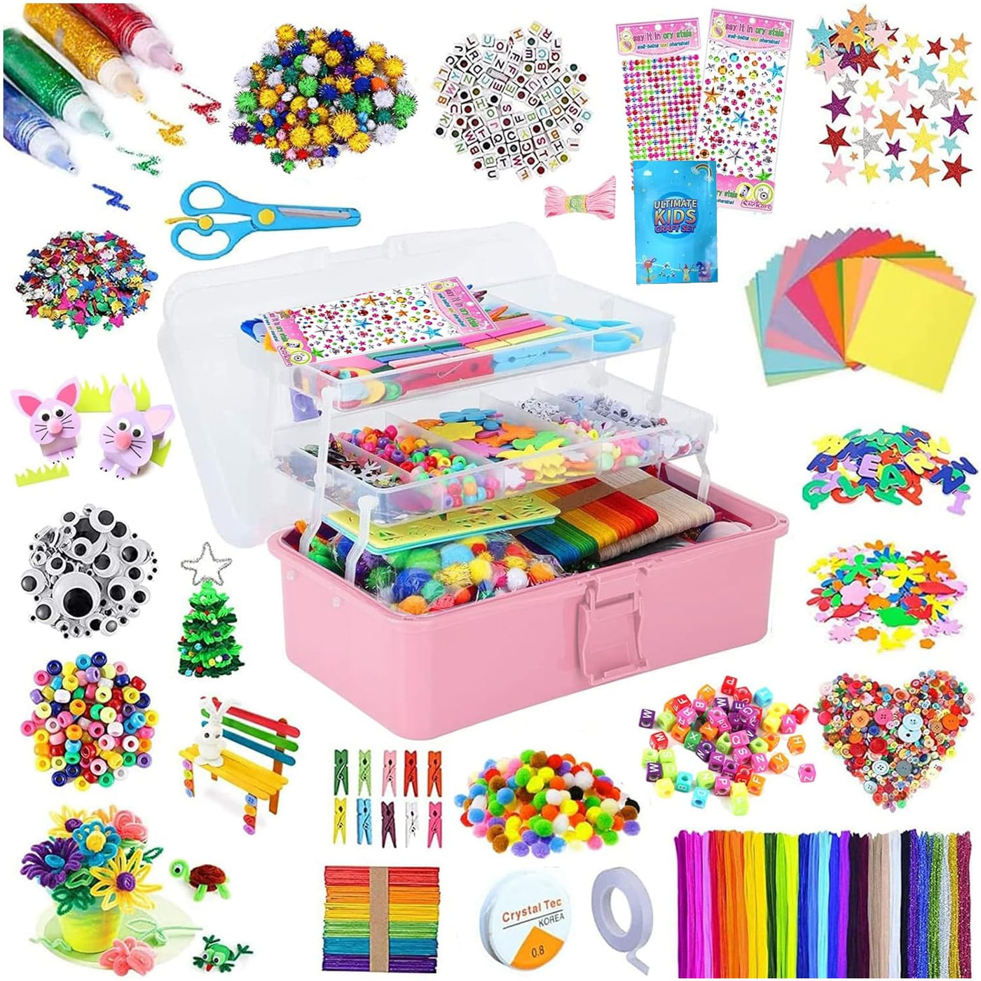 Bastelset für Kinder, 3000+Pcs Bastelset für Kinder Bastelkasten Bastelmaterialset, Bastelkoffer enthalten Pompons, Pfeifenreiniger für Kinder