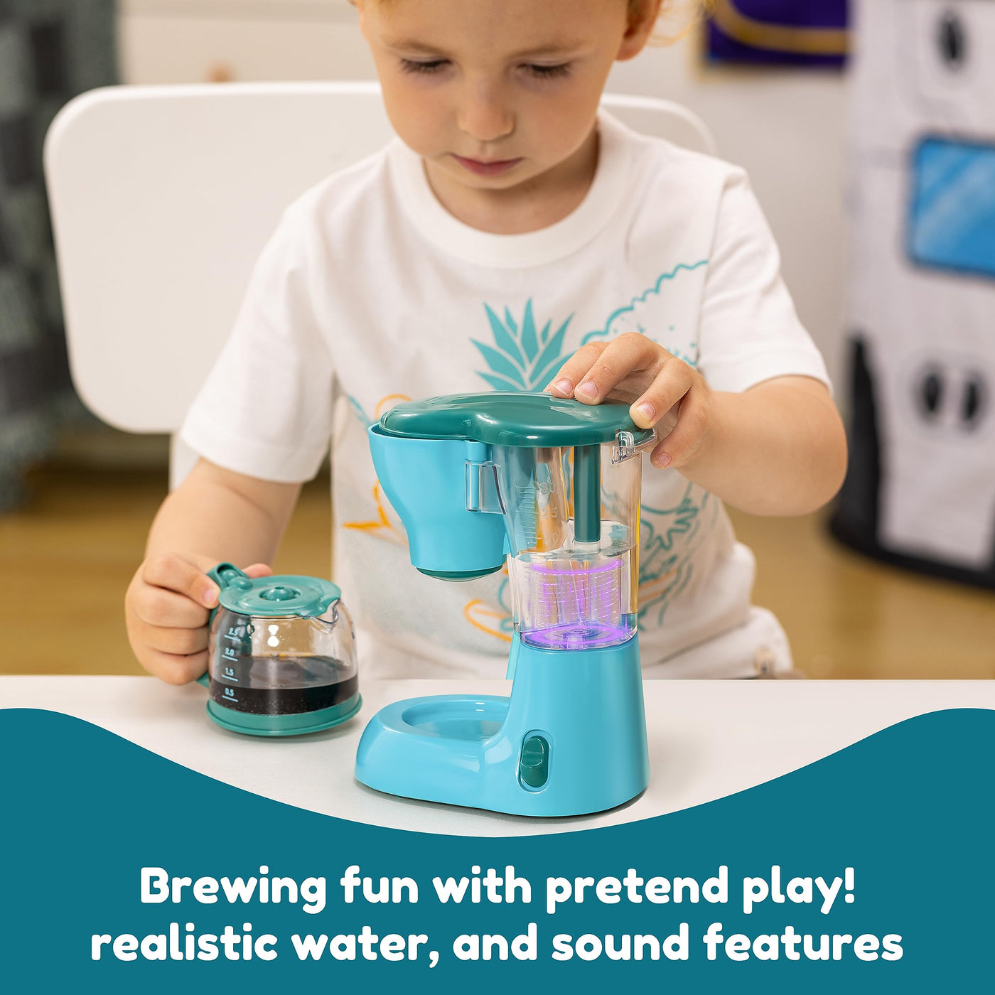 Play kitchen accessory set for children, pretend kitchen toy, coffee maker, blender, toaster with realistic lights & sounds