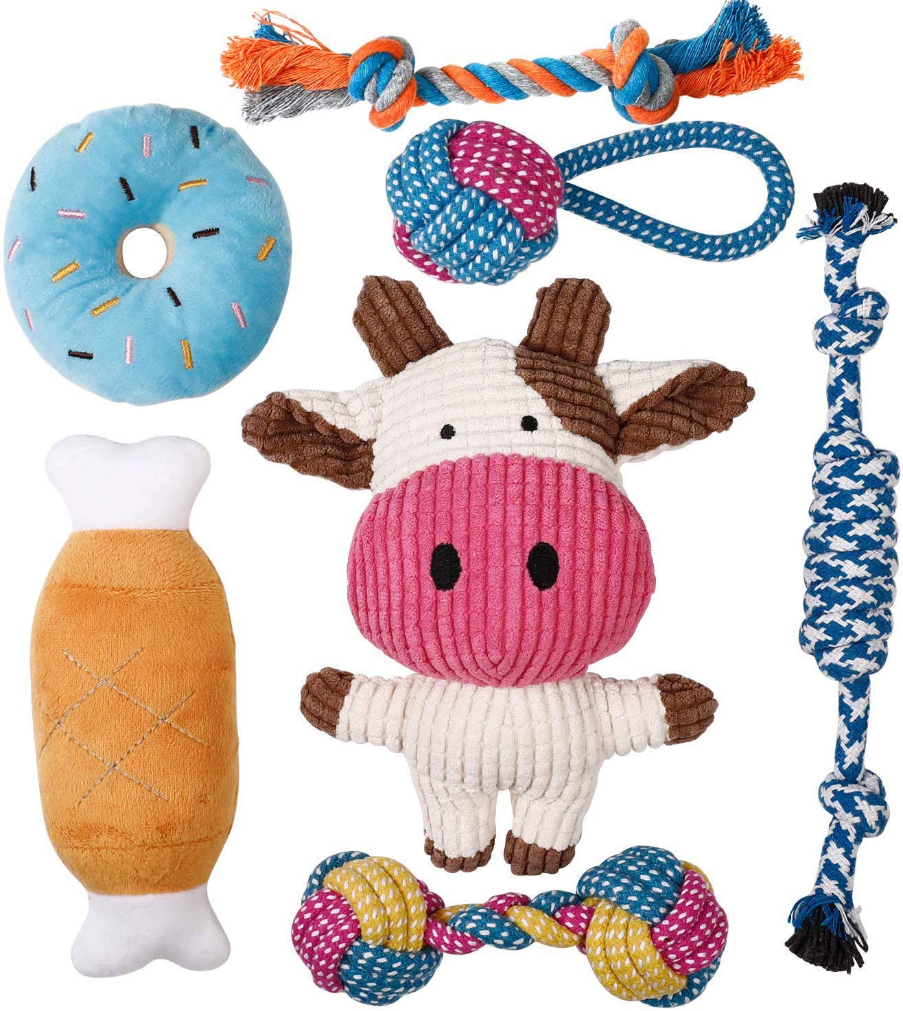 Jouets pour chiots - 7 pièces Jouets durables pour chiots / petits chiens - Jouets à mâcher et jouets à faire grincer - Coton naturel et non toxique