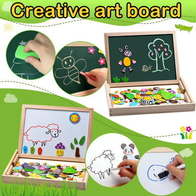 Magnetic wooden puzzles, double-sided magnetic drawing board with 3 color markers for children