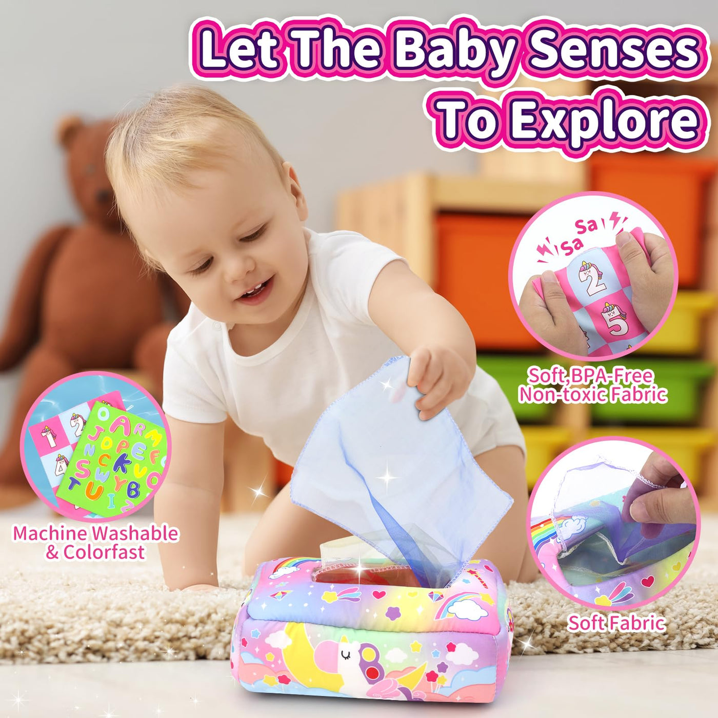 Boîte de mouchoirs en papier avec licorne lettre couleur texture chiffre, jouet d'éveil