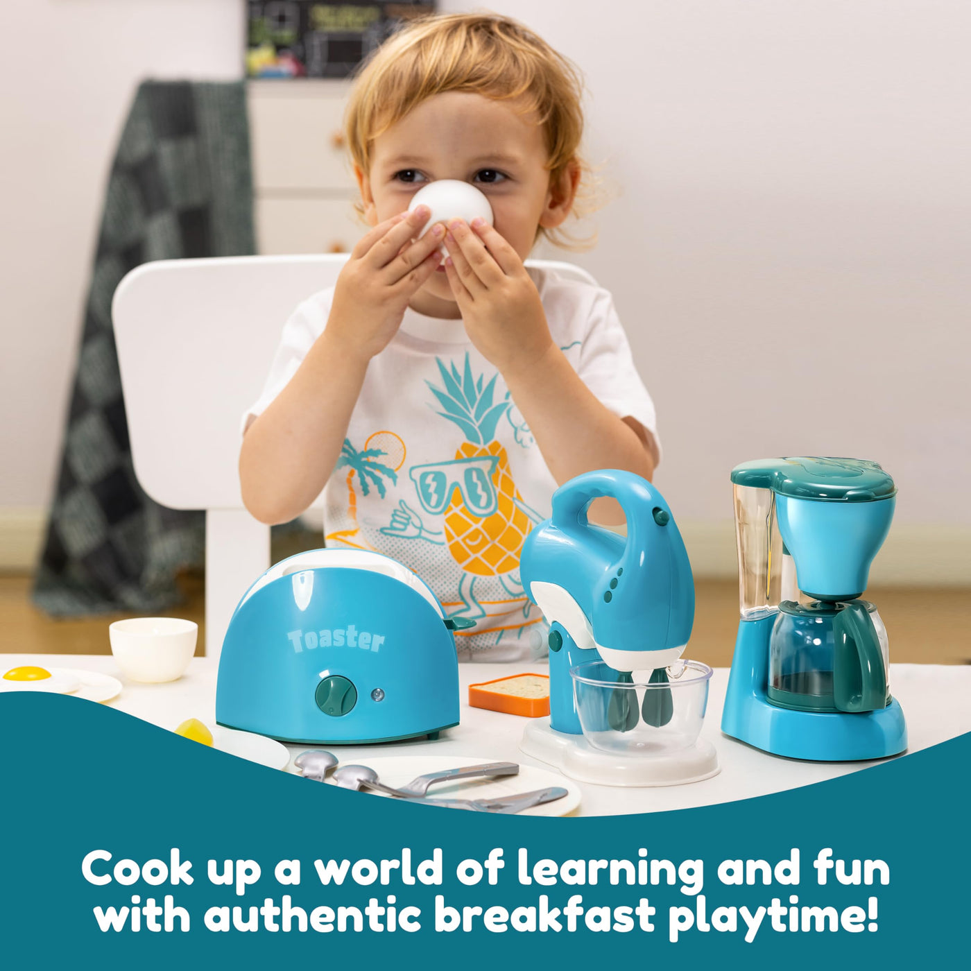 Play kitchen accessory set for children, pretend kitchen toy, coffee maker, blender, toaster with realistic lights & sounds