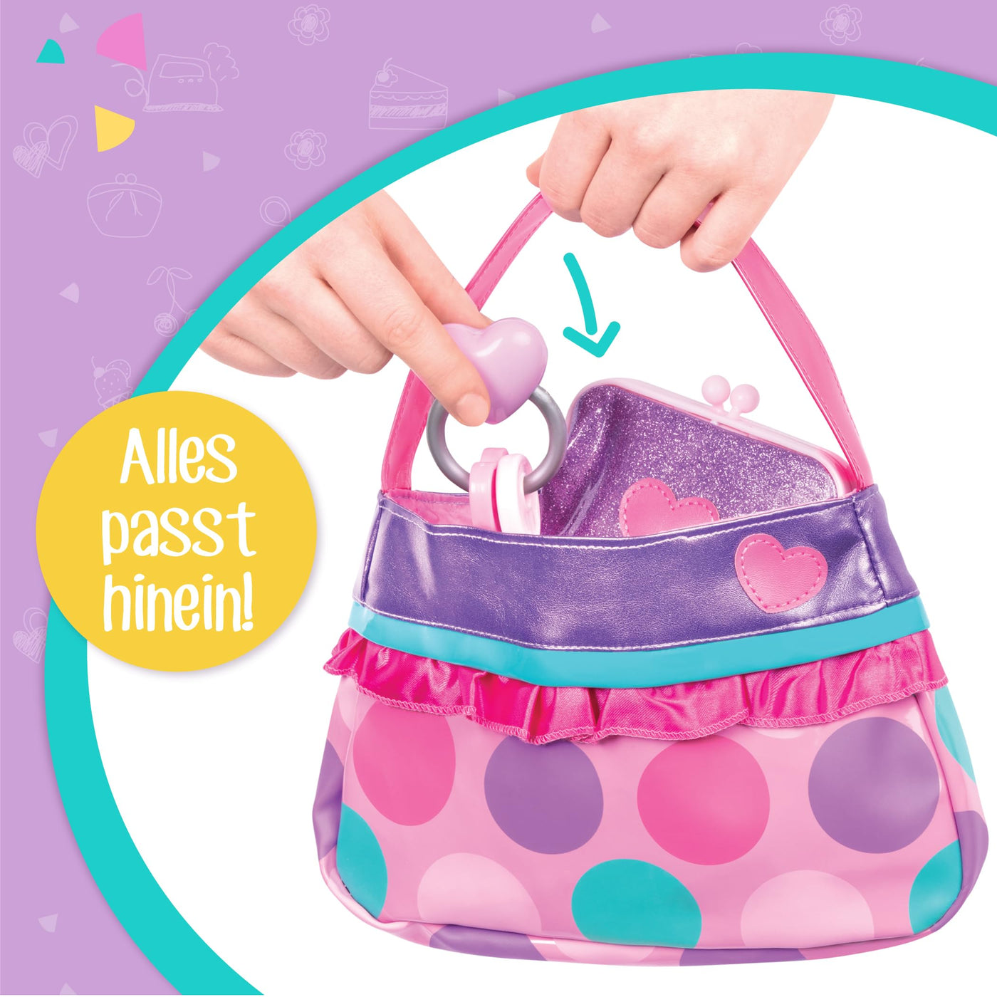 Princess Bag for Kids, 8 Piece Toy Bag with Toy Make-Up, Wallet, Mobile Phone, Keys and More for Kids From 3 Years of Age