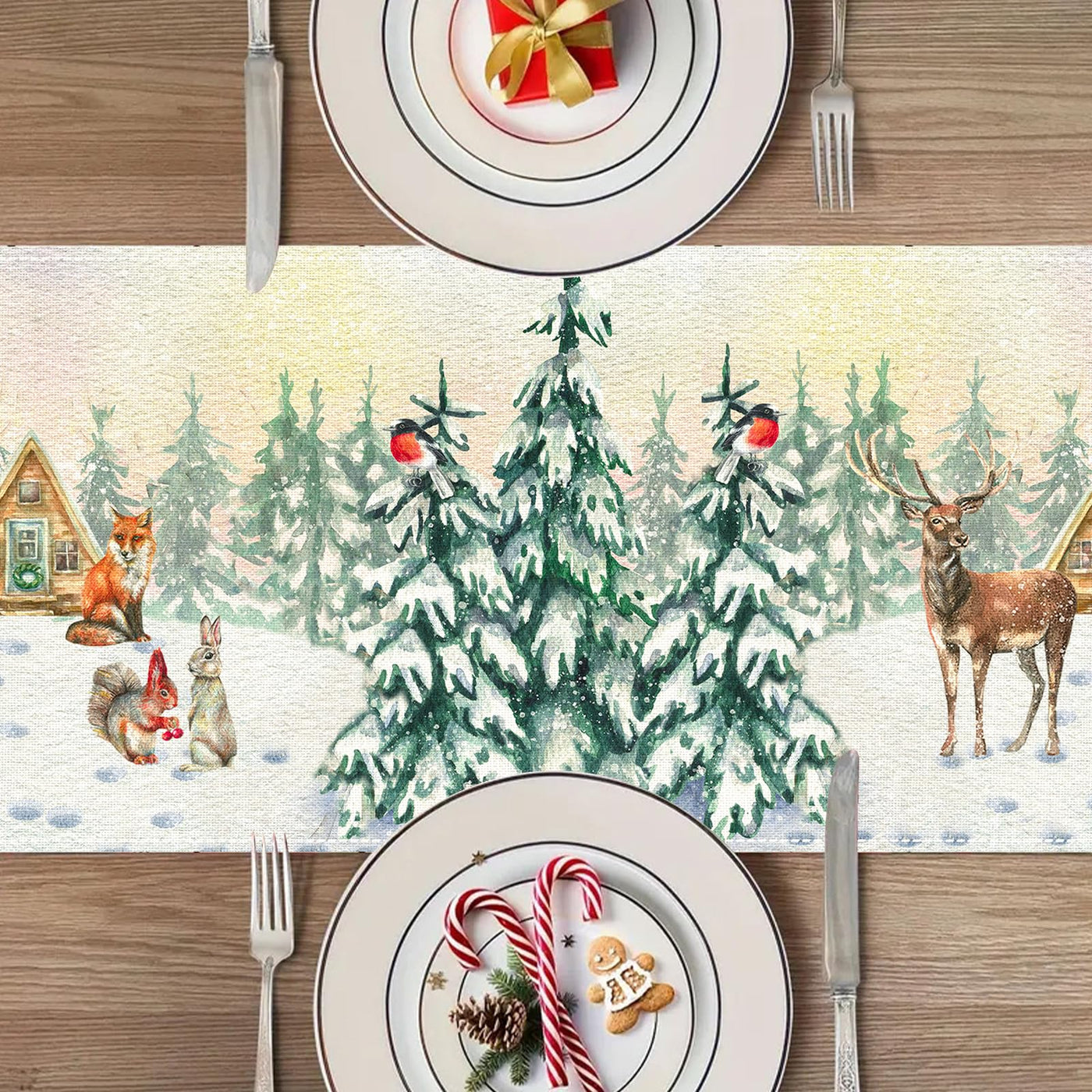 Table runner Christmas trees, seasonal winter Christmas kitchen dining table decoration